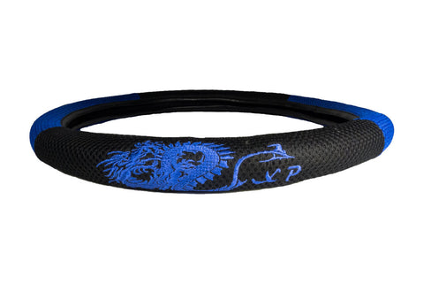 Detailed embroidered dragon steering wheel cover blue