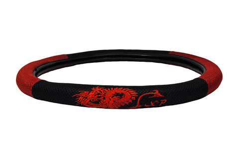 Detailed embroidered dragon steering wheel cover red