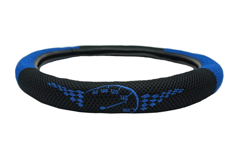 Detailed embroidered racing gauge steering wheel cover blue