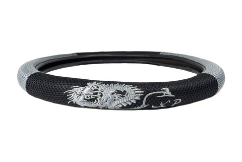 Detailed embroidered dragon steering wheel cover gray grey